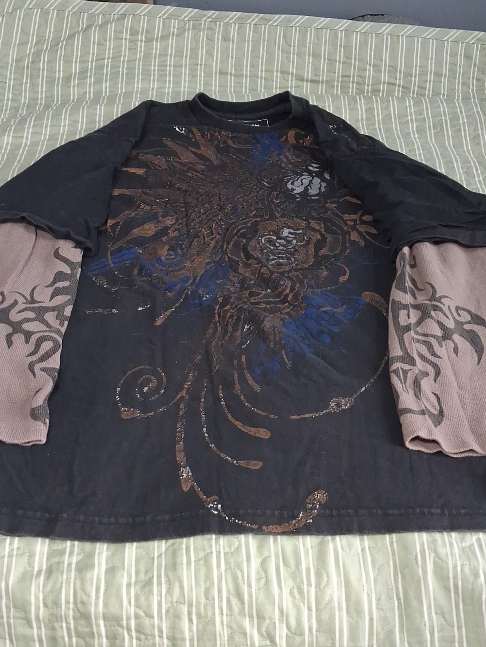 Black Layered-Look Graphic Long Sleeve Tee with Brown Tribal Sleeves